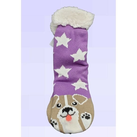NWT Puppy Dog Slipper Socks Sherpa Lined No Slip Grips Cushioned One Size Purple - Picture 2 of 4